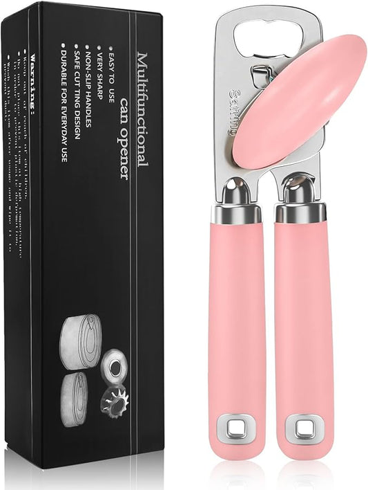 Can Opener Manual, Heavy Duty Stainless Steel Smooth Edge Can Openers With Soft Touch Handle, Oversized Handheld Easy Turn Knob, Multi-Function Bottle Opener, Pink