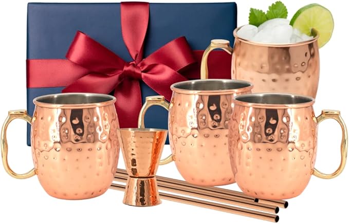 Copper Moscow Mule Mug Gift Set – 4 Tarnish-Resistant 19 oz Mugs with Stainless Steel Interior, 4 Straws & Jigger – Ideal for Cocktails, Bars & Gifts