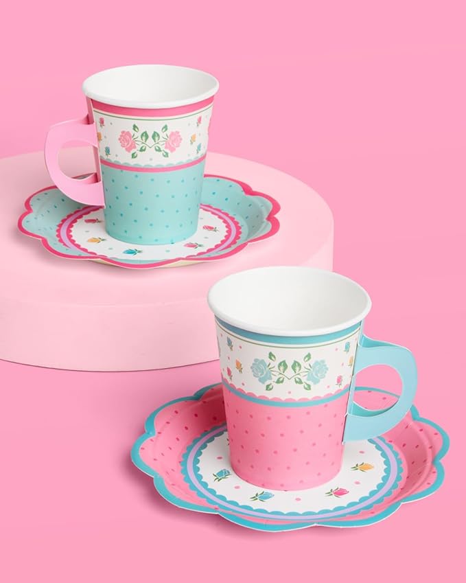 xo, Fetti Tea Party 9oz Cups and Saucers Set - 32 Piece Drinkware Set | Garden Party, Fancy Birthday, Easter, Pastel, Floral, Coquette, Vintage