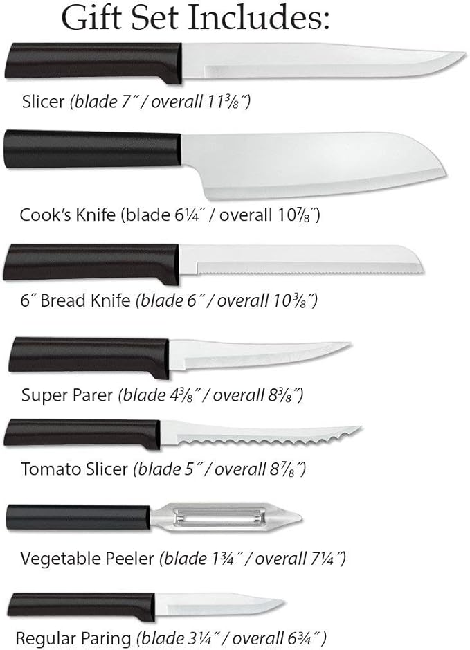Rada Cutlery The Starter Gift Set (G238), 7-piece Knife Set with Quick Edge Sharpener (R119), Stainless Steel Blades, Black Handle