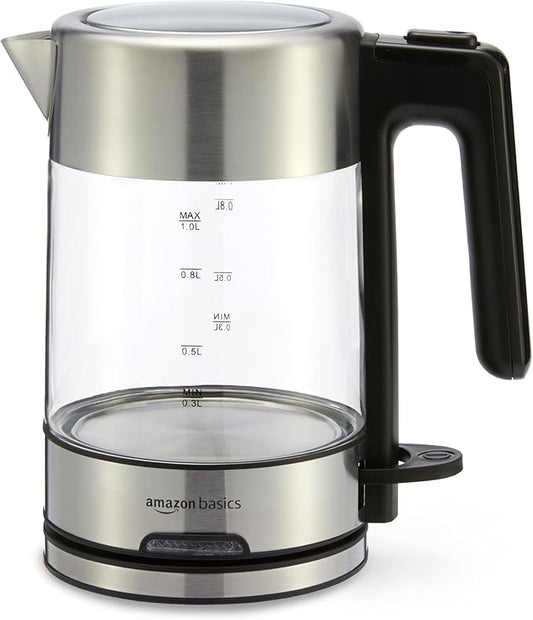 Amazon Basics Electric Kettle with Glass Carafe for Tea and Coffee, Fast Boiling, Auto Shut-Off, Boil-Dry Protection, Temperature Control, Removable Filter, 1 Liter, 1500W, BPA-Free