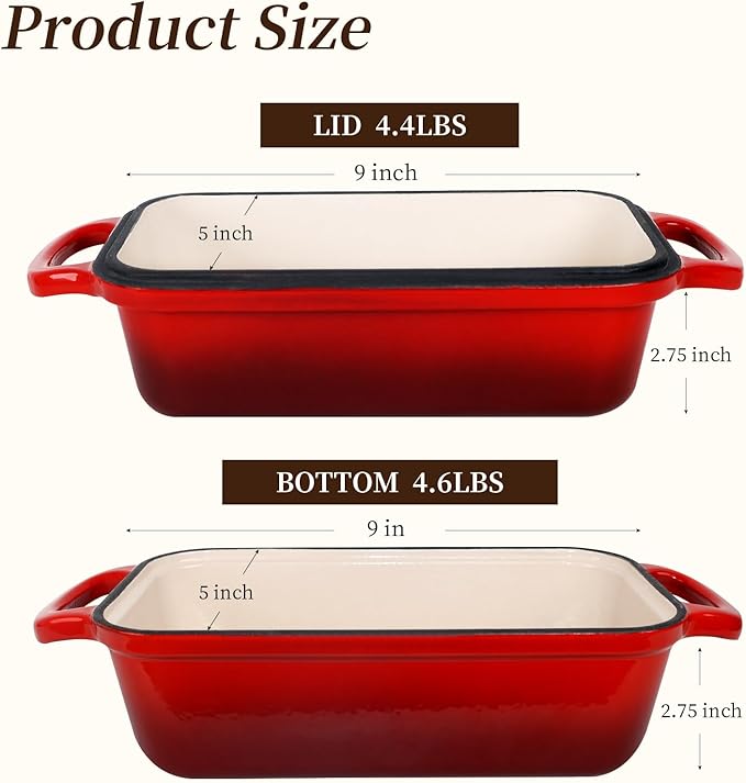 FUNKYLEE Enameled Cast Iron Bread Pan with Lid, 2-in-1 Loaf Pan for Baking Bread 9x5, Professional Sourdough Bread Pan for Homemade Bread, Set of 2, Red