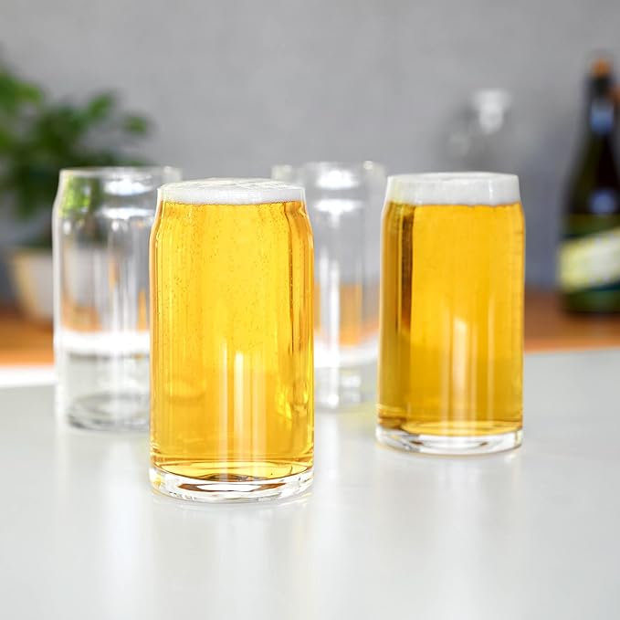 True Beer Can Glasses, Clear Tumblers, Superior Cocktail, Water, Juice, Iced Coffee, Soda, Beverage Drinking Glass, Kitchen Glassware Sets, Drinkware, Home Bar, 16 oz Set of 4