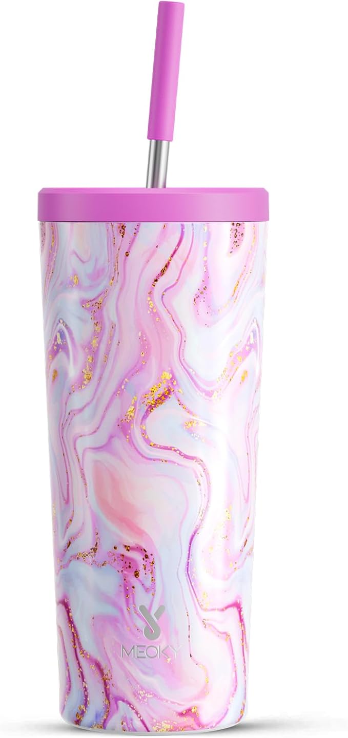 Meoky 24 oz Insulated Tumbler with Lid and Straw, Stainless Steel Vacuum Insulated Tumbler, Keeps Cold for 24 Hours, 100% Leak Proof, Fits in Car Cup Holder (Pearl)