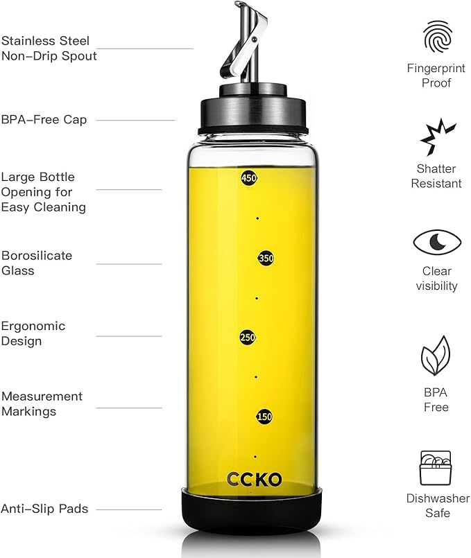 CCKO Glass Olive Oil Dispenser Bottle with Stainless Steel Spouts Shatterproof Glass Olive Oil Bottle 350ml Cooking Oil and Vinegar Cruet Bottle Container Carafe for Kitchen