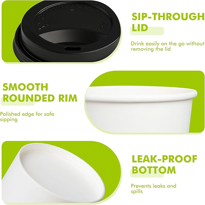 12 oz 50 Pack Disposable Paper Coffee Cups with Lids, Sleeves and Straws, Disposable Hot Cups for Coffee, Tea, Cocoa, Water