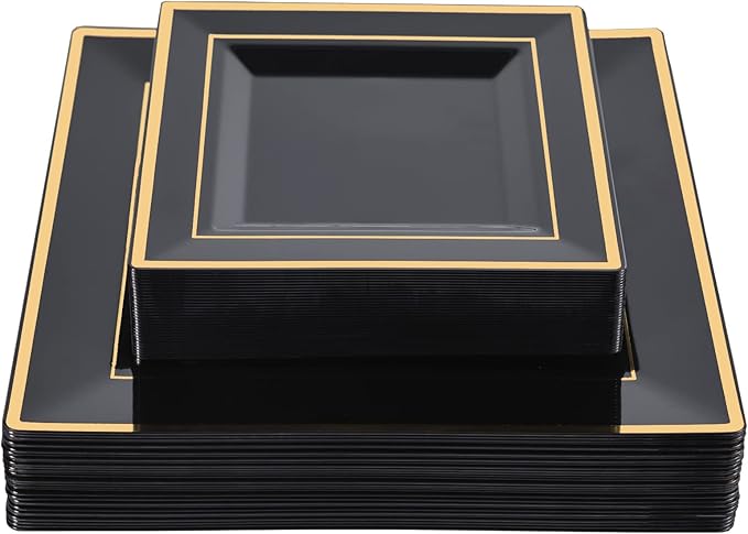N9R 60 Pack Black Square Plastic Plates with Gold Rim Include 30 Disposable Dinner Plates 9.5 Inch and 30 Dessert Plate 6.5 Inch, Fancy Plate for Party, Wedding, Halloween and Daily Use
