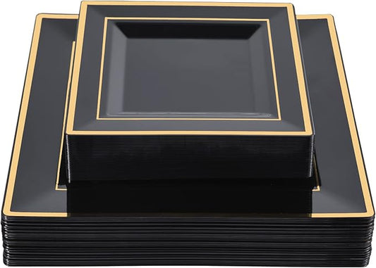 N9R 60 Pack Black Square Plastic Plates with Gold Rim Include 30 Disposable Dinner Plates 9.5 Inch and 30 Dessert Plate 6.5 Inch, Fancy Plate for Party, Wedding, Halloween and Daily Use