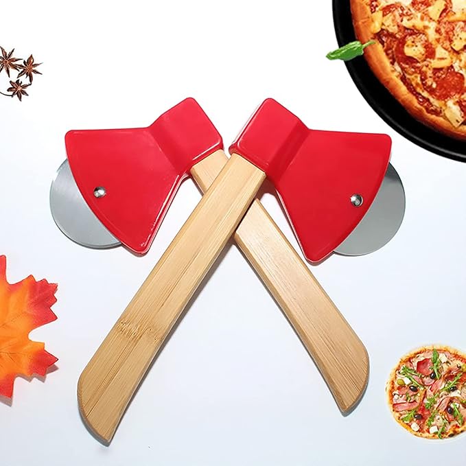 2Pcs Pizza Cutter Wheel, Axe Shaped Stainless Steel Pizza Knife With Bamboo Handles and Sharp Rotating Blades, Pizza Slicer Rolling Cutter for Pies, Cookies, Bread, Cakes (Red)