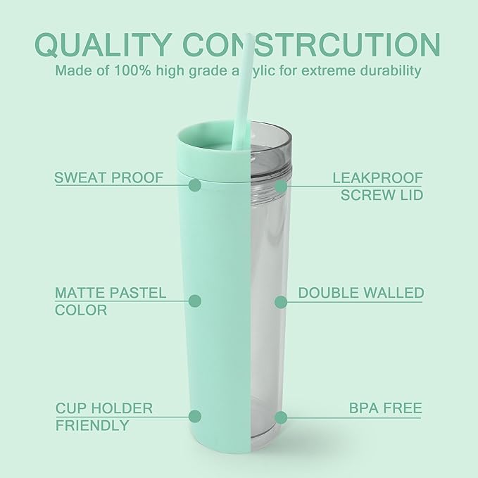 sweet grain Skinny Tumblers with Lids and Straws(6 Pack) - 16oz Matte Pastel Colored Skinny Acrylic Tumblers, Double Wall Plastic Tall Skinny Tumblers Bulk for Cold Hot Drinks - Mint Green