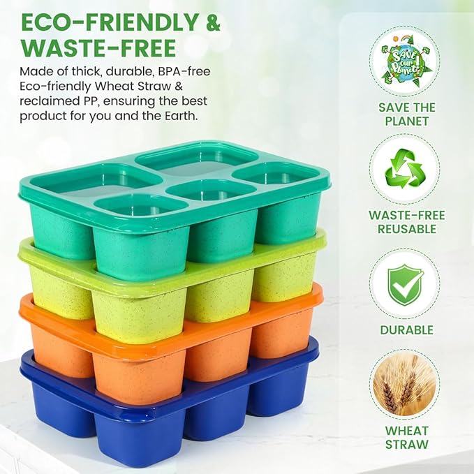 Caperci 4 Pack Bento Snack Box Containers for Adults & Kids - Reusable Adult Lunchable Containers with 5 Compartments for School, Work, and Travel, Wheat Straw, BPA-Free (Jewel Brights)