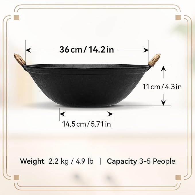 WANGYUANJI 14.2 Inch Cast Iron Wok with Wooden Lid and Iron Spatula, Flat Bottom Double-Handle Chinese Stir Fry Pan, Uncoated Cast Iron Wok for Induction, Gas and Electric Stoves