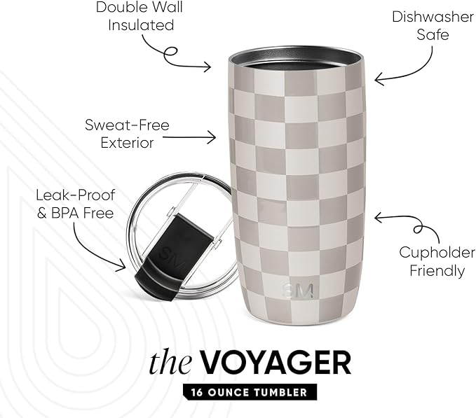 Simple Modern Voyager Tumbler with Flip Lid | Travel Coffee Mug | Insulated Stainless Steel Cold Brew Iced or Hot Coffee Cup | Gifts for Women Men Her Him | 16oz, Checkmate