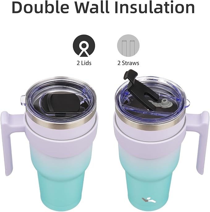 30 oz Tumbler with Handle and 2 Straw 2 Lid, Insulated Water Bottle Stainless Steel Vacuum Cup Reusable Travel Mug, Lavender Green