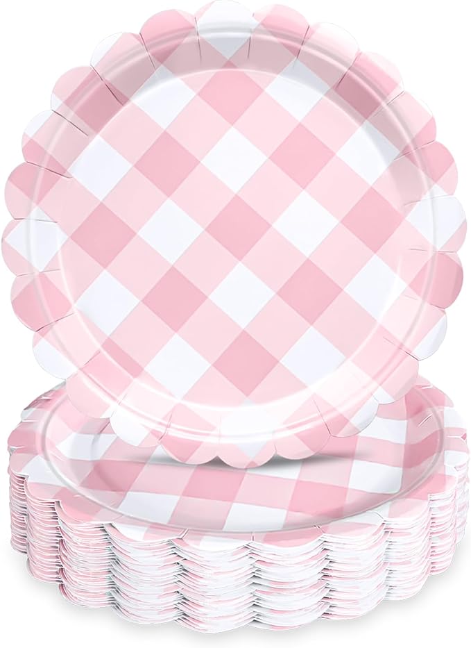 48 Pcs 7" Pink Gingham Paper Plates Light Pink & White Scalloped Checkered Party Plates, Pastel Plaid Dessert Table Supplies for BBQ Gathering Picnic Baby Shower Birthday Dinner Party Tableware