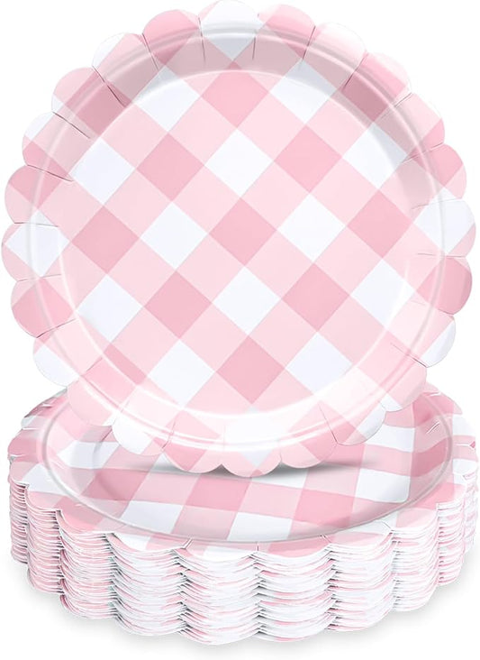 48 Pcs 7" Pink Gingham Paper Plates Light Pink & White Scalloped Checkered Party Plates, Pastel Plaid Dessert Table Supplies for BBQ Gathering Picnic Baby Shower Birthday Dinner Party Tableware