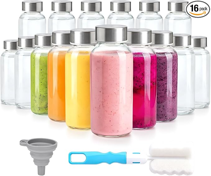 Zukro 8 oz Glass Water Bottles with Lids, Reusable Clear Juice Bottles With Stainless Steel Airtight Cap for Juicing, Ginger Shot, Milk, 250ml Leak Proof Small Smoothie Container, BPA Free, Set of 16