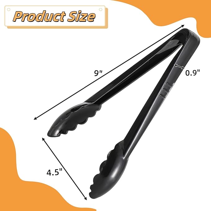 40 Pack Plastic Tongs for Serving, 9" Disposable Buffet Tong, Heavy Duty Scalloped Serving Utensil Tongs, Bulk Charcuterie Accessories for Party Events Catering Kitchen BBQ Ice Salad, Black