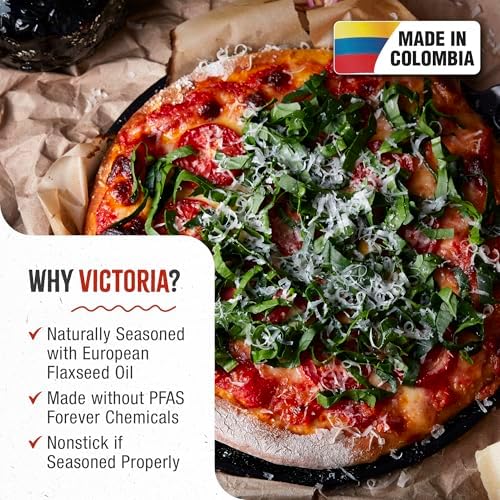 Victoria 10-Inch Cast Iron Comal Pizza Pan with 2 Side Handles, Preseasoned with Flaxseed Oil, Made in Colombia