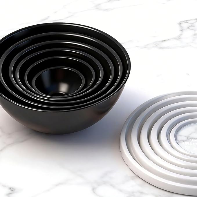 Plastic Mixing Bowls with Lids Set for Kitchen, Nesting Bowls for Mixing, Baking, Prepping, Cooking and Serving Food, Mixing Bowls Dishwasher, Microwave Safe (Black)