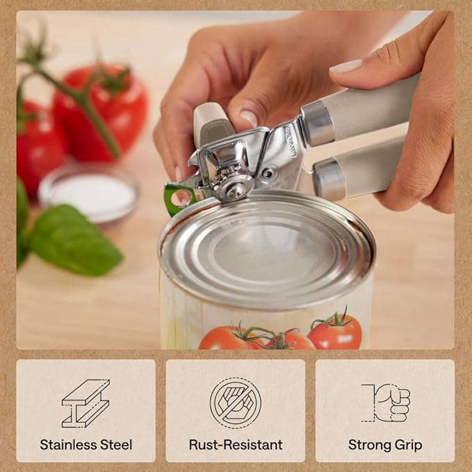 GORILLA GRIP Heavy Duty Stainless Steel Smooth Edge Manual Can Opener and Bottle Openers, Soft Comfortable Handle, Oversized Handheld Turn Knob, US Designed Multifunctional Kitchen Tool, Almond