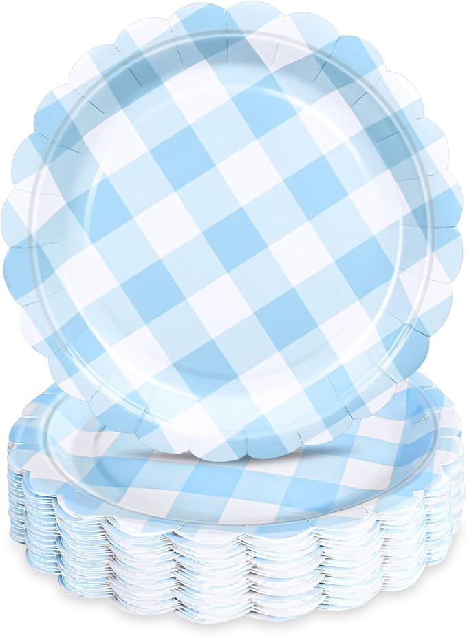 48 Pcs 7" Blue Gingham Paper Plates Light Blue & White Scalloped Checkered Party Plates, Pastel Plaid Dessert Table Supplies for BBQ Gathering Picnic Baby Shower Birthday Dinner Party Tableware