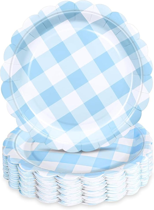 48 Pcs 7" Blue Gingham Paper Plates Light Blue & White Scalloped Checkered Party Plates, Pastel Plaid Dessert Table Supplies for BBQ Gathering Picnic Baby Shower Birthday Dinner Party Tableware