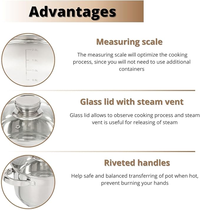 Daniks Standard 7 Quart Stainless Steel Stock Pot with Glass Lid, Try-Ply Bottom for Even Heating, Induction Compatible, Dishwasher Safe, Built-In Measuring Scale, Silver