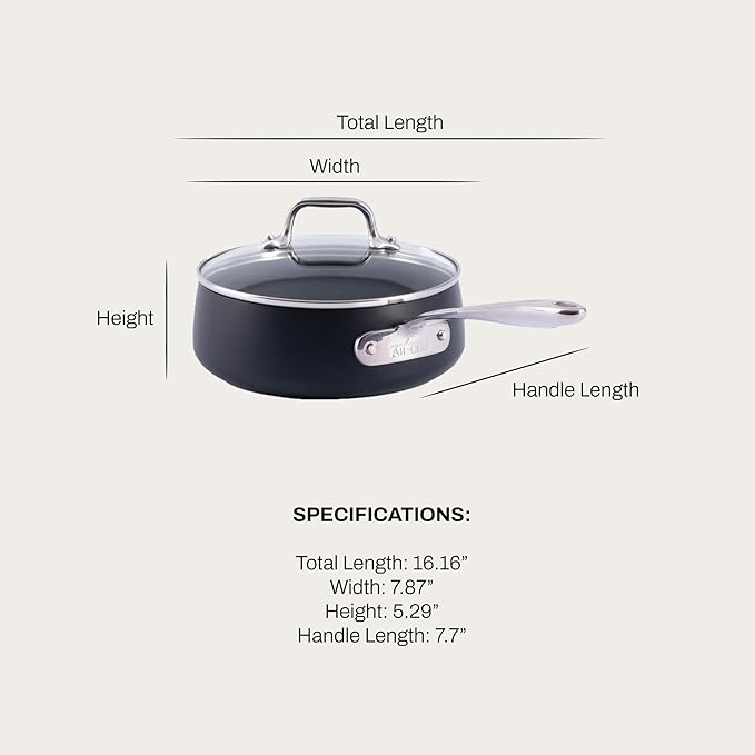 All-Clad HA1 Expert Hard Anodized Nonstick 2.5 Qt Saucepan with Lid, Stay-Cool Ergonomic Handle, Dishwasher-Safe, Oven-Safe Up to 350°F, Induction Compatible with All Cooktops, Cookware Pot, Black