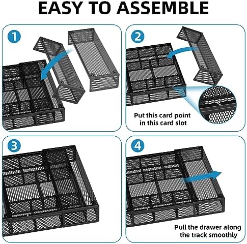 Marbrasse Expandable Desk Drawer Organizer, Mesh Drawer Organizer Tray with 10 Adjustable Compartments, Desk Organizers and Accessories for Office Supplies, Makeup & Vanity (Expandable Black-2 pack)