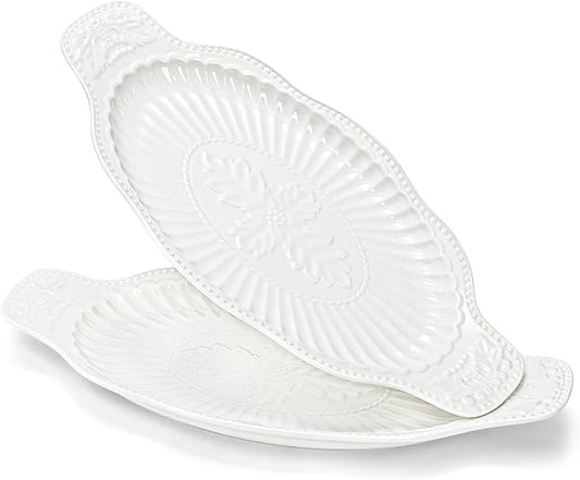 Suwimut 2 Pack Porcelain Oval Serving Platters, 14 Inch Large Embossed White Serving Plates for Entertaining, Oven Safe Stackable Ceramic Dinner Tray for Fish, Meat, Appetizers, Fruits, Dessert