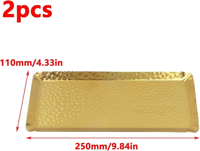 Antrader Hammered Rectangular Platter Serving Tray,Stainless Steel Decorative Storage Tray,Gold (10-Inch by 4-Inch),2Pcs