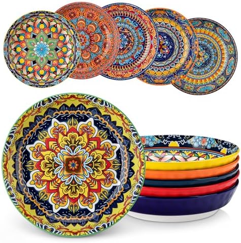 vancasso 32 Oz Pasta Bowls, Porcelain Large Colorful Salad Soup Bowls Set of 6, Pasta Serving Bowls Plates for Kitchen, Dishwasher & Microwave Safe, Series KRVI
