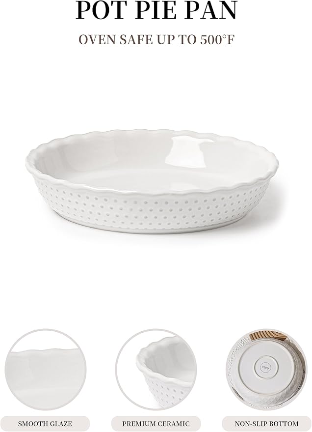 Ceramic Pie Dish Set of 2,9 Inch Deep Baking Dishes, 36oz Each,Embossed Floral & Dotted Pattern Pie Plates,Oven, Microwave & Dishwasher Safe–Elegant Kitchen Gift Set