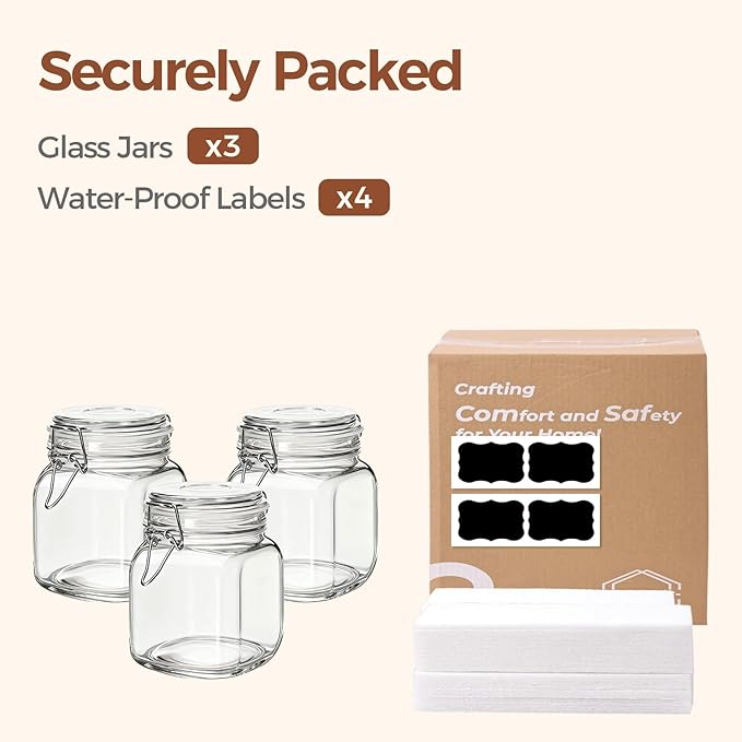 ComSaf 3-Pack Square Glass Coffee Canisters, 34oz Airtight Pantry Jars for 1lb Coffee Bag, Sugar, Flour & Tea, Space-Saving Food Storage Containers for Kitchen Counter & Small Apartment Organization