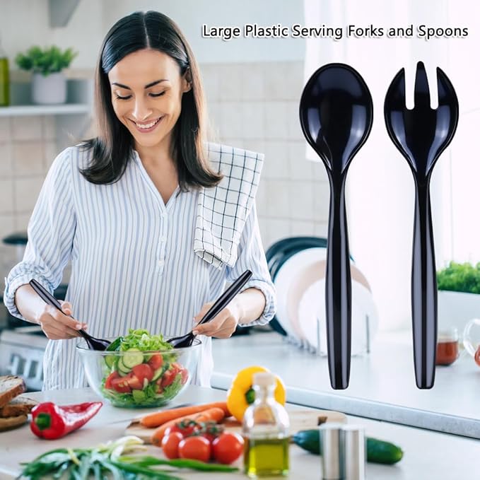20Pcs Black Plastic Serving Spoons and Forks 10'' Large Serving Utensils Heavy Duty Disposable Spoon for Catering Supplies Buffet Restaurant Party, Weddings, Salad Noodles