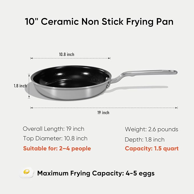 10 Inch Ceramic Non Stick Frying Pans - 5 Ply Stainless Clad Nonstick Skillet, Toxic, PTFE & PFOA FREE, Professional Cookware for Induction, All Stoves and Oven up to 650°F