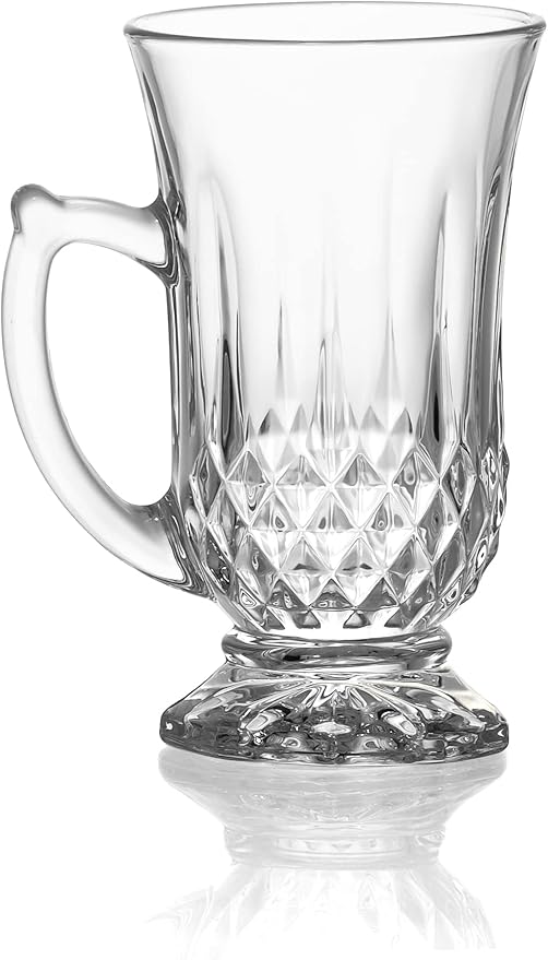 Red Co. 6-Pack Classic Clear Cut Glass 4.5 Oz Footed Turkish Tea Cups with Handles, Etched Design