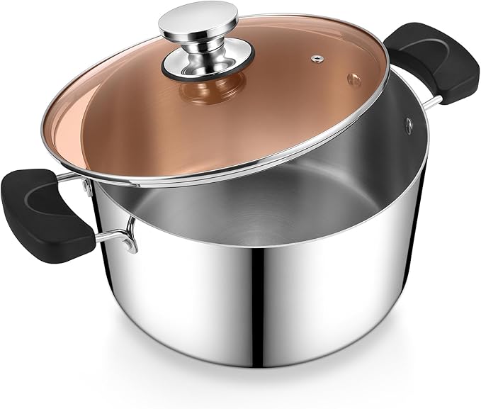 P&P CHEF 6 Qt Stockpot with Lid, Stainless Steel Cooking Stock Pot for Soup, Heat-Proof Double Handles with Visible Lid, Dishwasher Safe & Healthy, 3-Ply Metal
