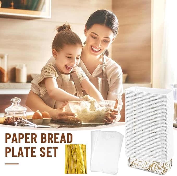 50 PCS Paper Loaf Pans for Baking, 6.3 x 2.2 x 2.2 Inch Small Disposable Baking Pans with Clear Plastic Bags and Ties, Rectangle Paper Bread Pans for Cake Bread Oven Loaf Bakery, White