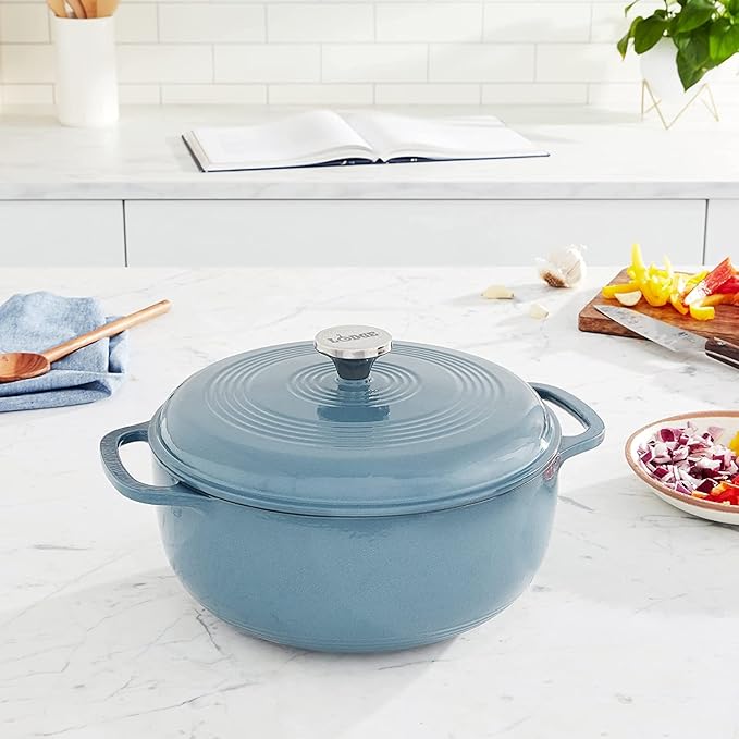 Lodge Essential Enamel Cast Iron Dutch Oven with Lid - Oven-Safe Enamel Cookware up to 500° F - Heat-Retaining Braising & Roasting Pot - Non-Toxic Cookware - 7.5 Quart, Storm Blue