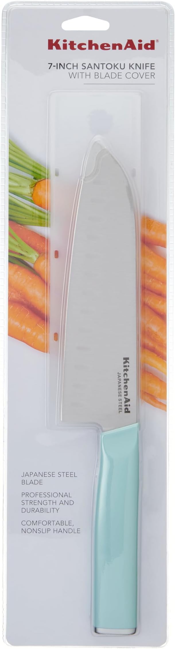 KitchenAid Gourmet Forged Santoku Knife with Custom-Fit Blade Cover, Sharp Kitchen Knife, High-Carbon Japanese Stainless Steel Blade, 7 Inch, Blue