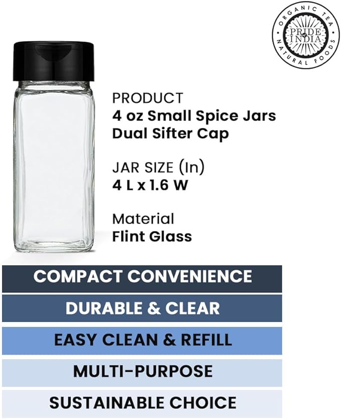 Pride Of India Small Clear Glass Spice Jars w/Dual Sifter Cap | Food Grade BPA Free USA Made | 4 Fluid Ounce Capacity 6-PACK