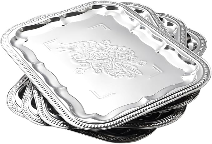 4-Pack 15.7" x 11.8" Silver Serving Trays for Party Set - Floral Engraved Serving Platters, Wedding Birthday Mirror Tray for Easter, Food, Appetizer, Charcuterie, Cookies, Desserts