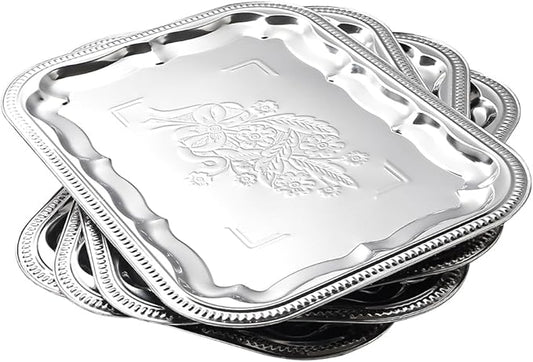 4-Pack 15.7" x 11.8" Silver Serving Trays for Party Set - Floral Engraved Serving Platters, Wedding Birthday Mirror Tray for Easter, Food, Appetizer, Charcuterie, Cookies, Desserts