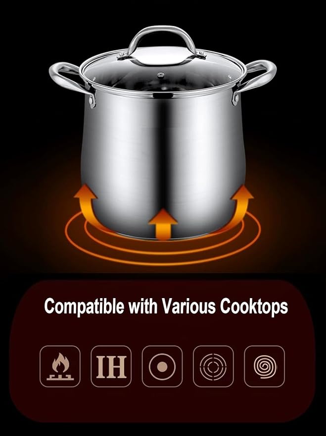 Stainless Steel Stock Pot, 8 Quart Heavy Duty Induction-Compatible with Visible Lid for Soups, Pasta, Stews, Canning, Boiling