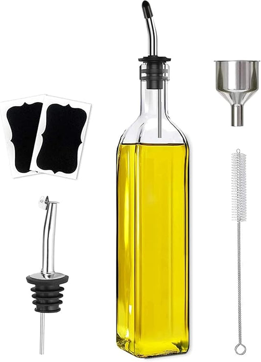 Olive Oil Dispenser Bottle - 500ml Glass Oil and Vinegar Bottles Set for Kitchen with 2 Stainless Steel Pourers, Funnel, Brush and 2 Labels, Kitchen Oil Bottles with Drip-Free Design