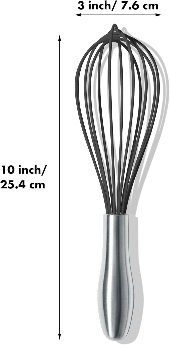 10-Inch Black Silicone Whisk, Heat Resistant 480°F Kitchen Whisk with Stainless Steel Ergonomic Handle, Non-Scratch for Nonstick Cookware, Dishwasher Safe, Perfect for Blending, Cooking & Beating