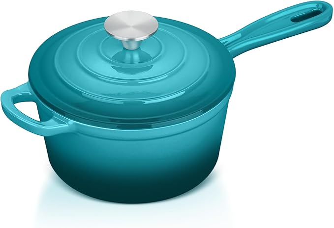 E-far Enameled Cast Iron Sauce Pan, 3 Quart Dutch Oven Saucepan with Lid, Small Sauce Pot for Cooking, Boiling, Healthy & Non Toxic, Induction & Oven Safe, Green