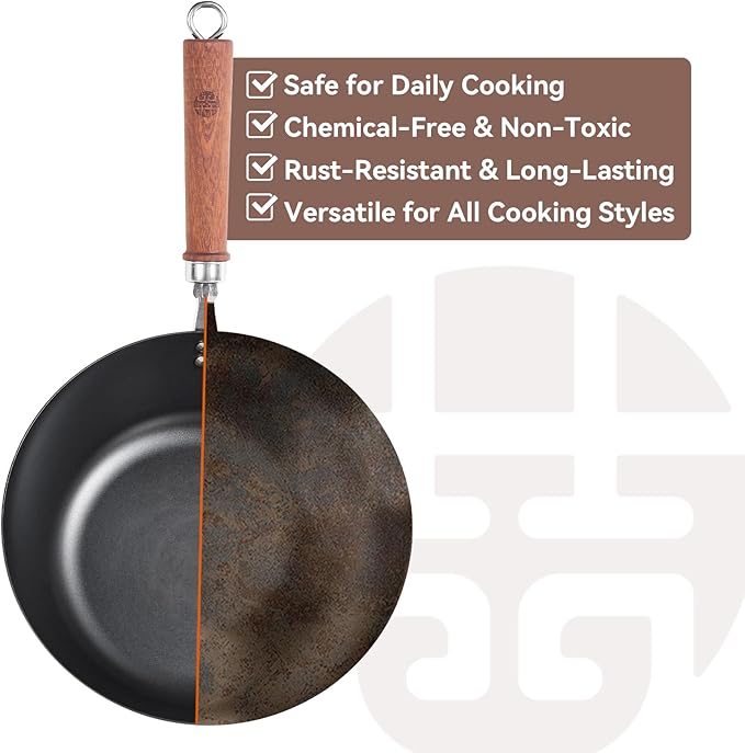 WANGYUANJI Small Carbon Steel Wok with Glass Lid (10.24"), 10 Inch Compact Stir Fry Pan for One Person, Thickened Deep Iron Skillet for Induction & Electric Stove, Flat Bottom Nitrided Wok, Black